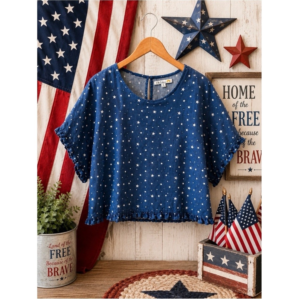 C&C California Large Blue Star Print Linen Blend Ruffle Sleeve Top
